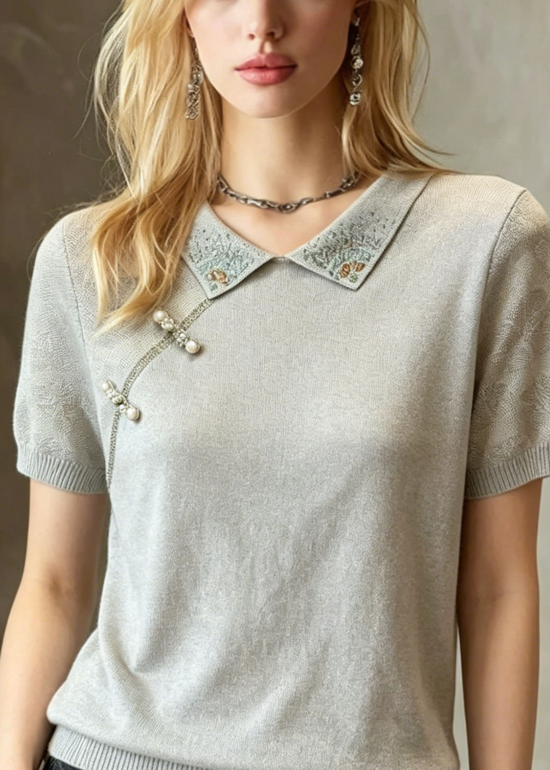 Blue Grey Peter Pan Collar Zircon Nail Bead Knit T Shirt Summer