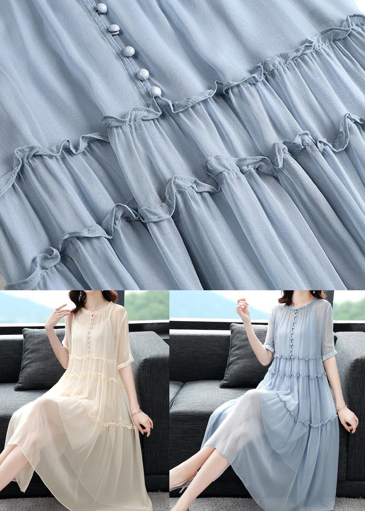 Simple Blue O-neck Wrinkled Patchwork Silk Two Pieces Set Dress Summer
