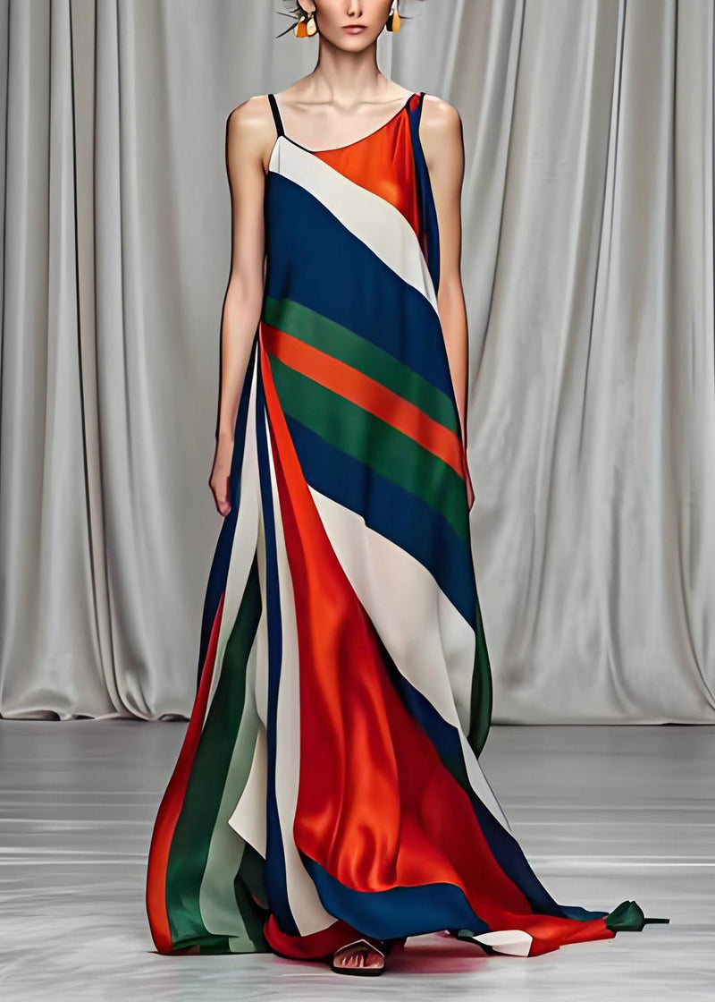 Colorblock Cold Shoulder Draping Silk Long Dresses Sleeveless