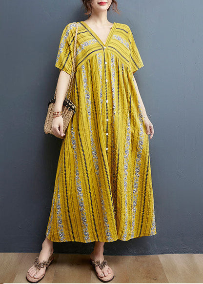Yellow V Neck Print Cotton Holiday Dress Short Sleeve