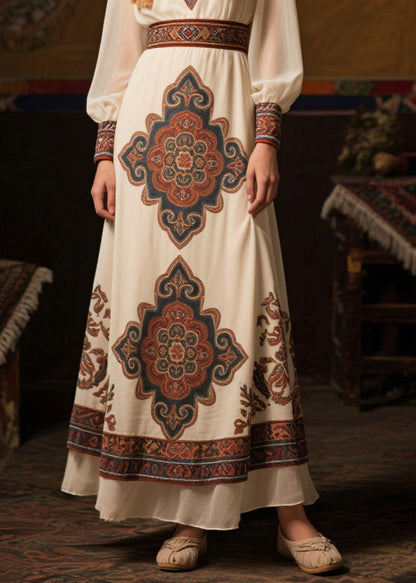 Style White Cinched Print Chiffon Long Dresses Fall
