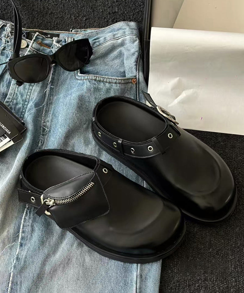 Splicing Platform Black Cowhide Leather Slide Sandals
