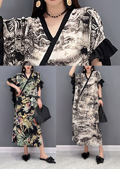 Green Print Ruffled Patchwork Chiffon Long Dress Short Sleeve