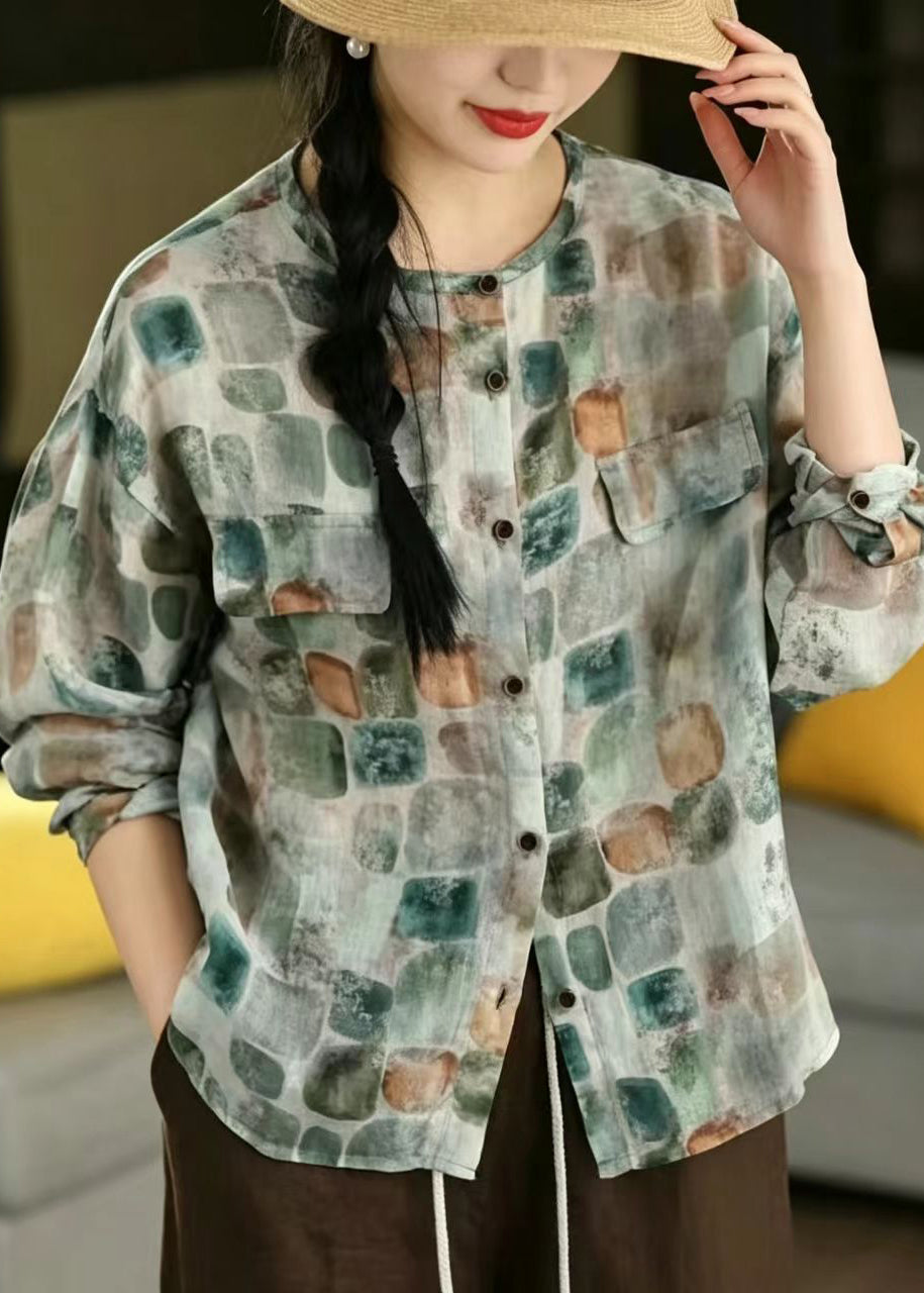 Blue Oversized Print Linen Shirts Spring