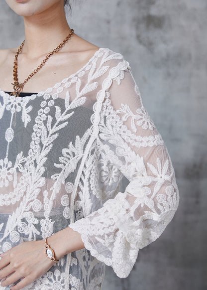 White Embroidered Hollow Out Tulle Long Smock Summer