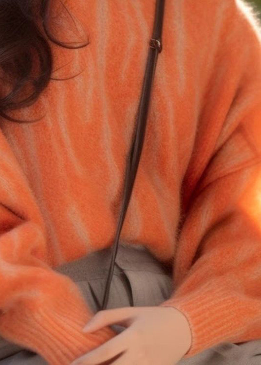 Orange O Neck Cozy Cotton Knit Sweaters Long Sleeve