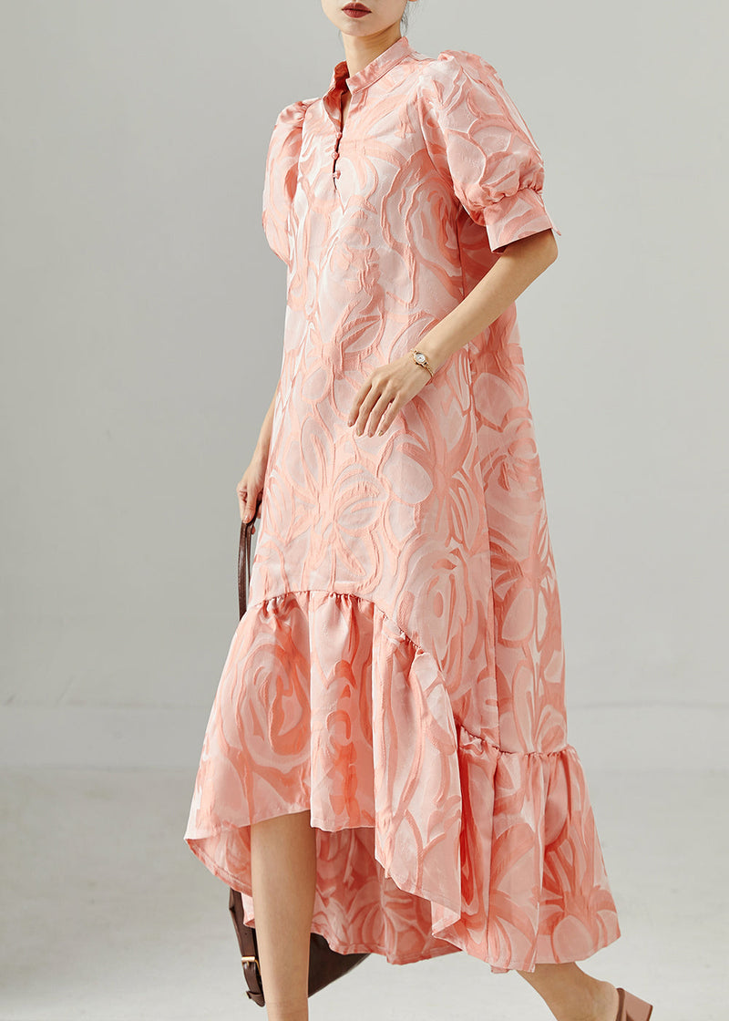 French Pink Stand Collar Jacquard Long Dress Puff Sleeve