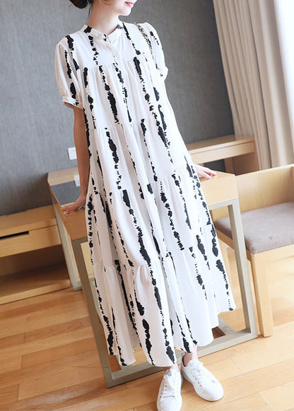 White O-neck Striped Print Wrinkled Button Maxi Dresses Summer