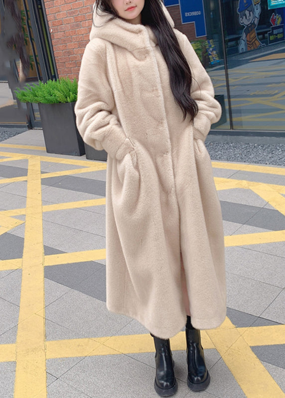Beige Button Leather and Fur Hooded Maxi Coat Long Sleeve