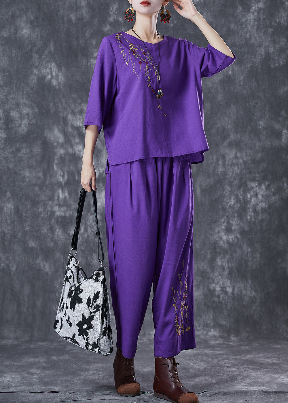 Purple Embroideried Linen Two Pieces Set Summer