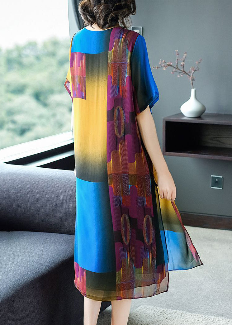 Colorblock O Neck Side Open Patchwork Chiffon Dress Summer