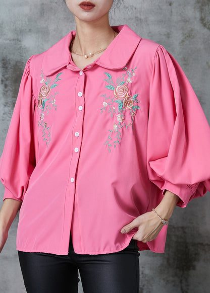 Rose Embroidered Cotton Shirt Tops Lantern Sleeve