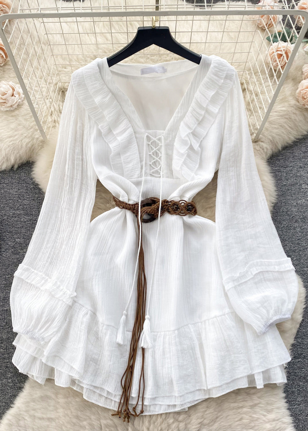 White Ruffled Lace Up Cotton Mid Dress Long Sleeve Spring
