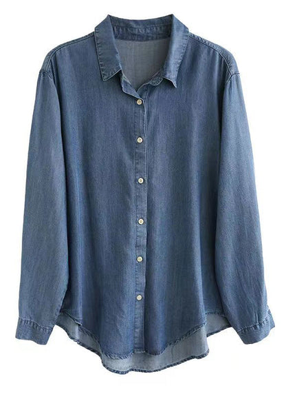 Denim Blue Peter Pan Collar Patchwork Button Shirt Long Sleeve