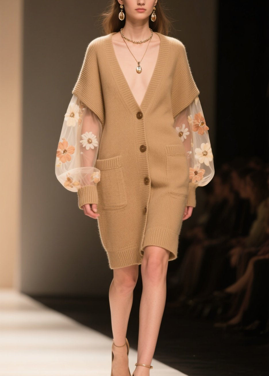 Khaki Pockets Tulle Patchwork Knit Cardigans Fall