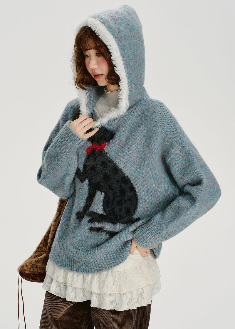 Blue Jacquard Patchwork Knit Hooded Sweater Spring