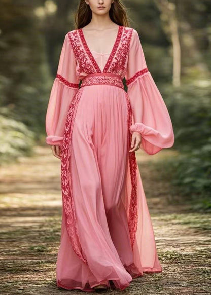 New Pink V Neck Patchwork Chiffon Long Dresses Lantern Sleeve Spring