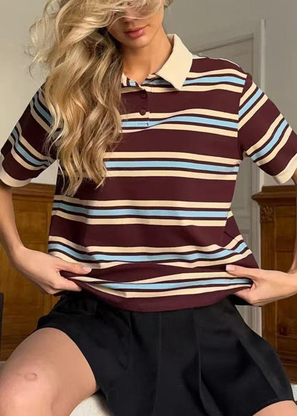 French Brown Peter Pan Collar Striped Cotton T Shirts Summer