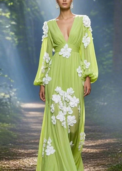 Classy Green V Neck Decorated Chiffon Maxi Dress Spring