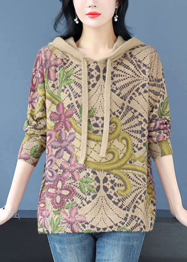 Khaki Hooded Print Woolen Knit Pullover Spring