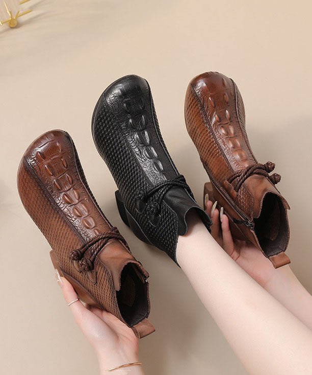 Brown Crocodile Pattern Boots Chunky Cowhide Leather Boots