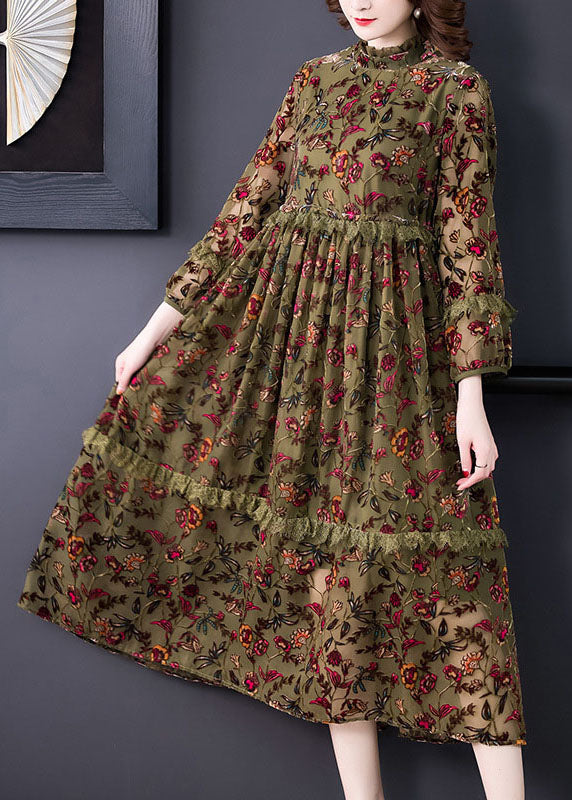 Green Ruffled Patchwork Jacquard Fall Holiday Dress Long Sleeve