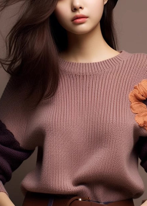 Art Purple O-neck Cozy Patchwork Knit Sweaters Winter