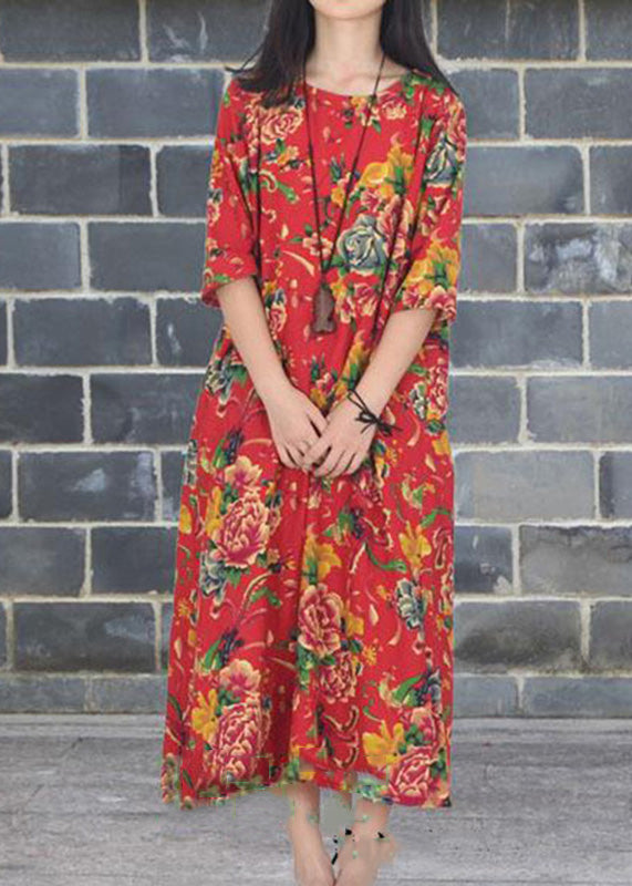 Loose Red O-neck Print Side Open Long Dress Half Sleeve