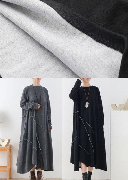 Natural Black O-neck Patchwork Fall Knit Dress Long Sleeve