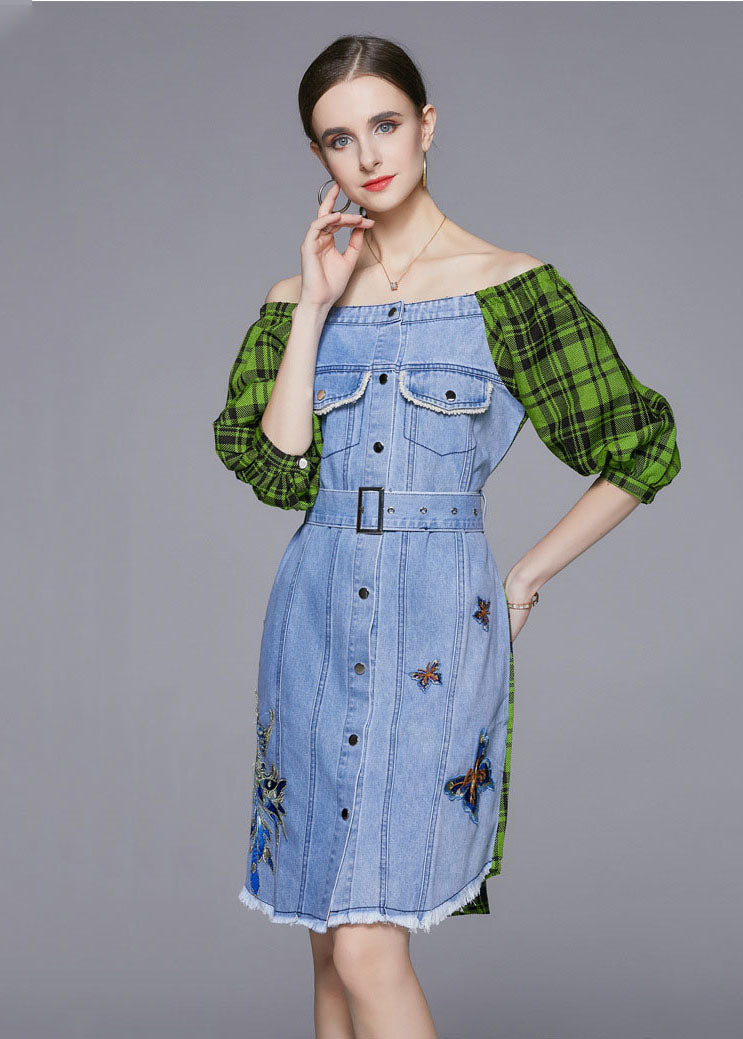 Diy Blue Slash Neck Embroideried Patchwork Cotton Denim Dress Lantern Sleeve