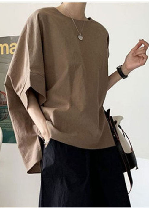Brown O-neck Oversized Side Open Cotton Tank Half Sleeve