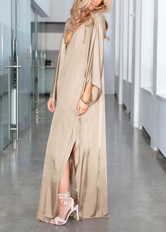 Gold Frenulum Chiffon Batwing Sleeve Kimono Robe Summer Maxi Dress