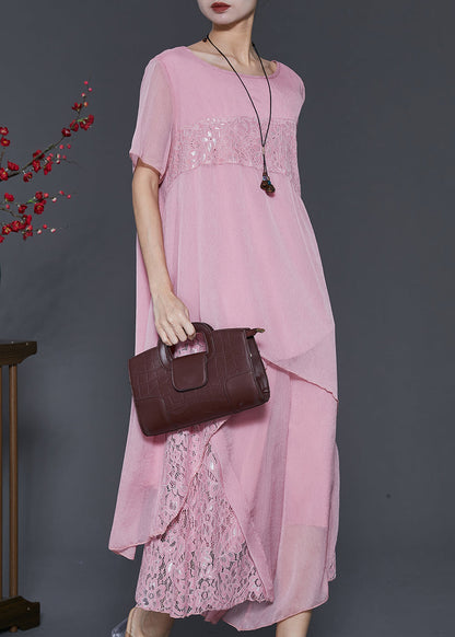 Pink Asymmetrical Patchwork Lace Chiffon Two Pieces Set Summer