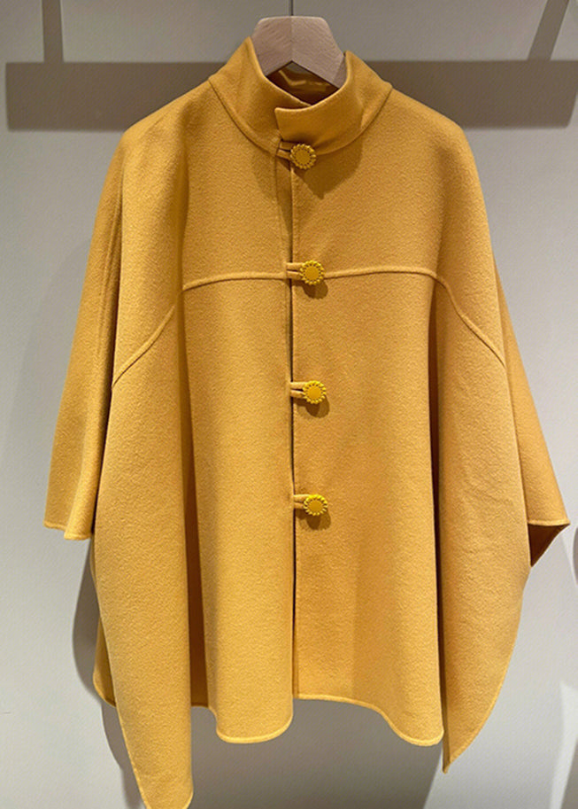 Yellow Stand Button Patchwork Woolen Cape Coats Fall