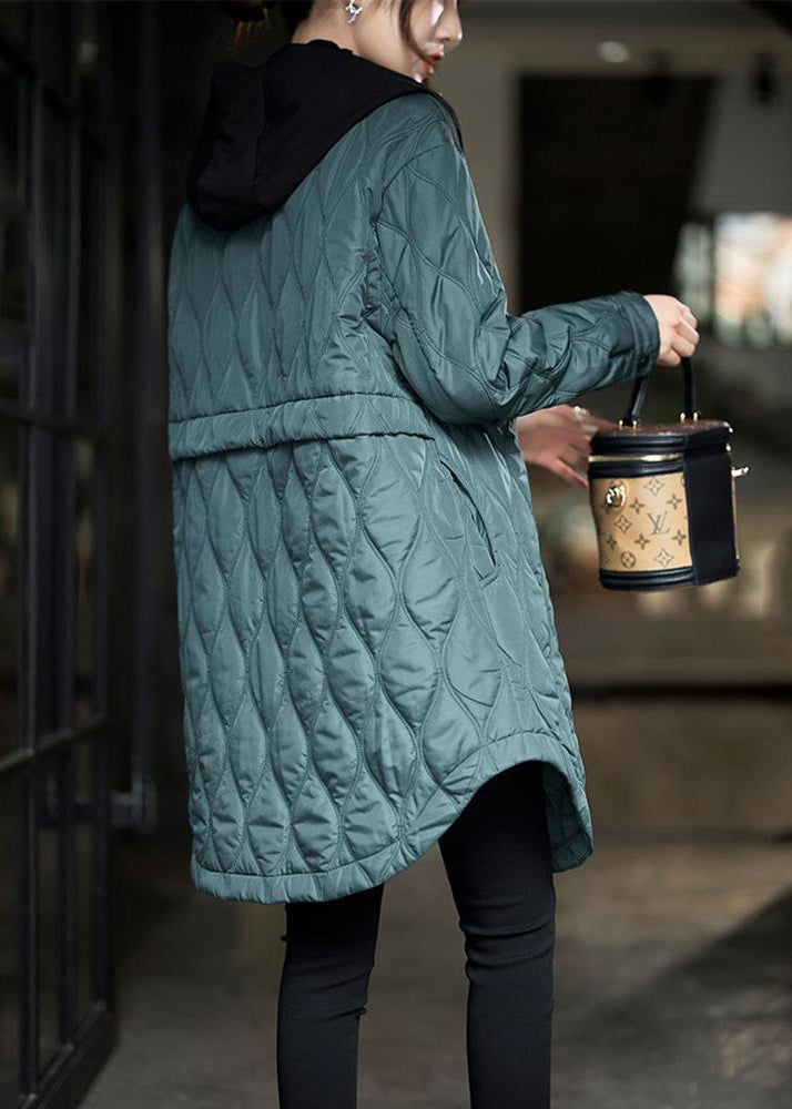 Peacock Green Hooded Pockets Cotton Filled Coats Winter