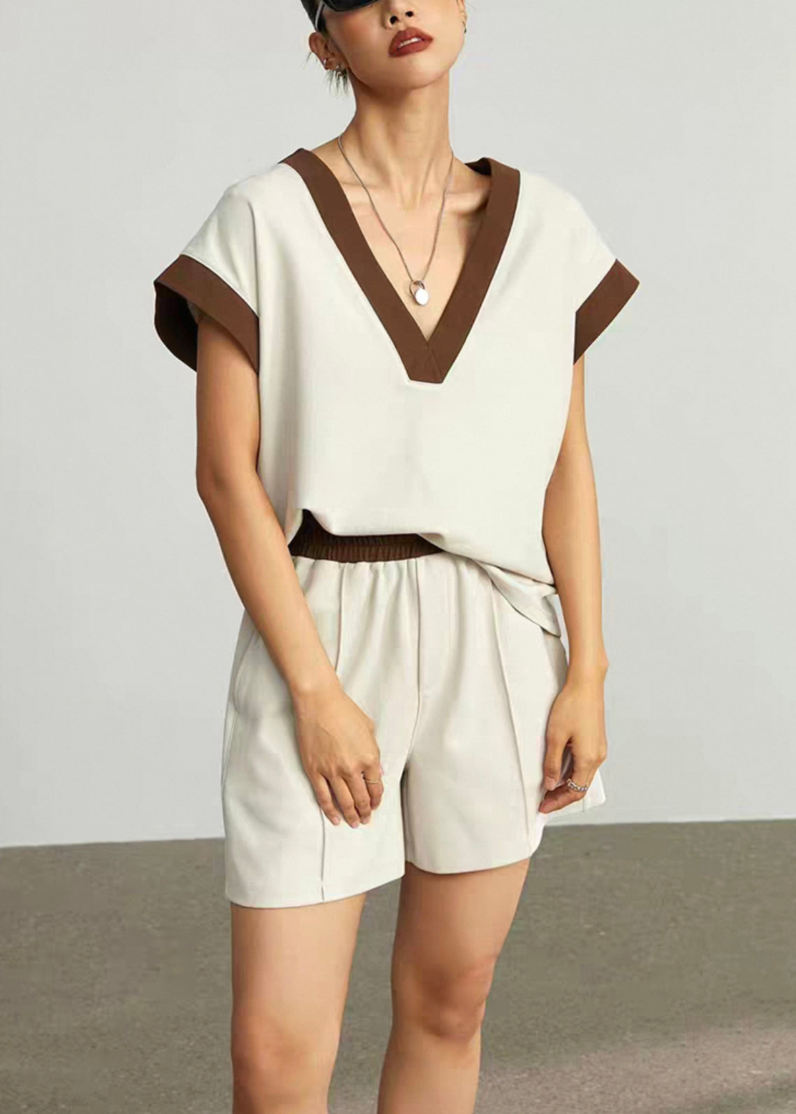 Coffee V Neck Elastic Waist Cotton Two Pieces Set Summer