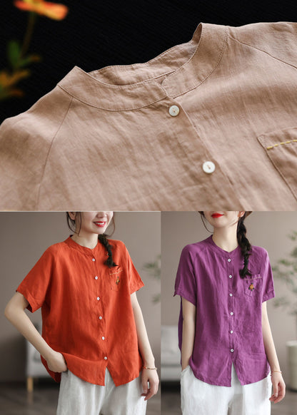 Purple Embroideried Pocket Linen Shirt Top Short Sleeve