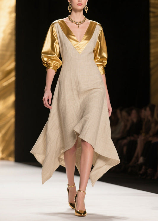 V Neck Asymmetrical Design Patchwork Linen Silk Dress Summer