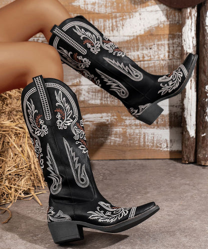 Black Splicing Faux Leather Chunky Boots Embossed