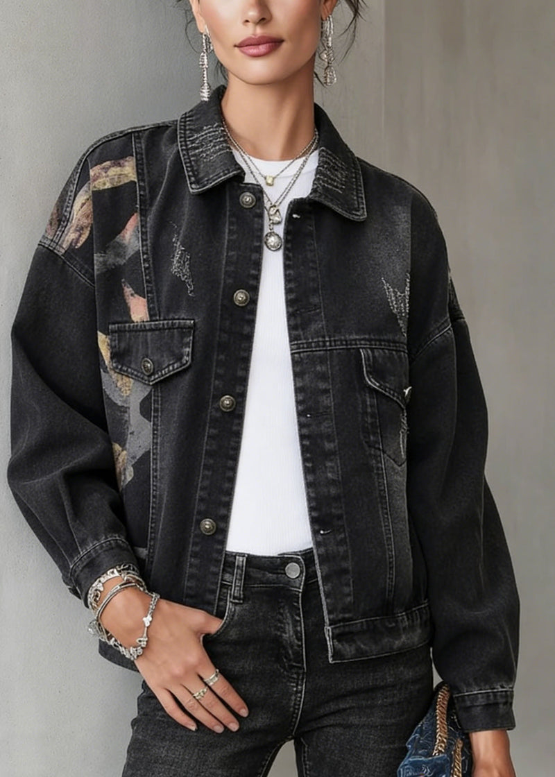 Black Peter Pan Collar Pockets Print Denim Jackets Spring