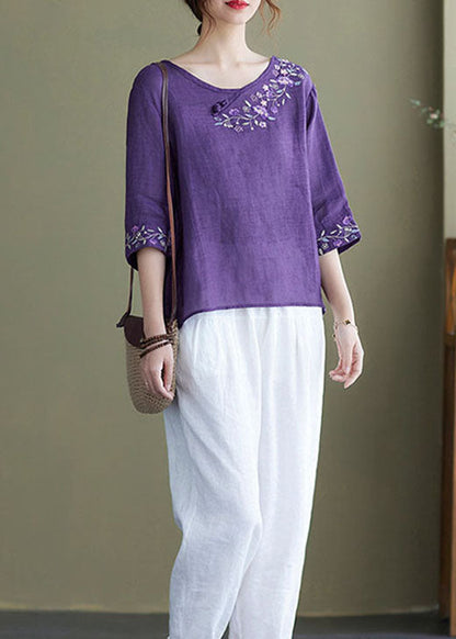 Diy Pink Flower Embroidered Side Open Half Sleeve Top