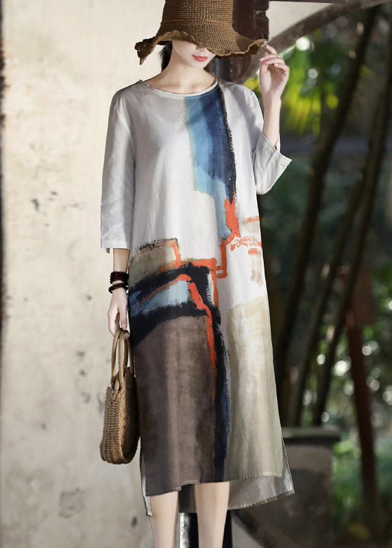 Handmade White O-neck Side Open Tie Dye Cotton Holiday Dress Summer