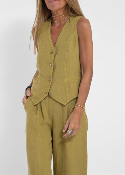 Olive Green Pockets Linen Two Pieces Set V Neck Summer