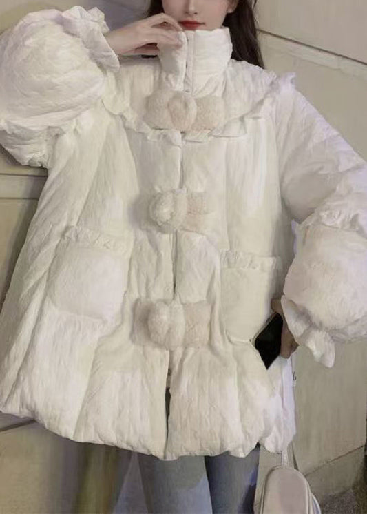 White Ruffled Pockets Patchwork Fine Cotton Filled Coats Winter