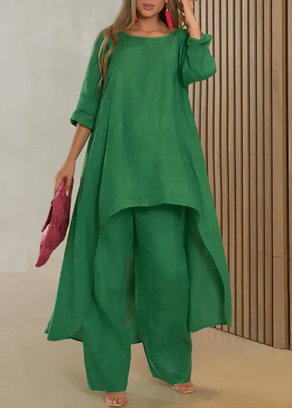 Loose Rose O-neck Asymmetrical Top and Straight Pants Two Pieces Set Summer