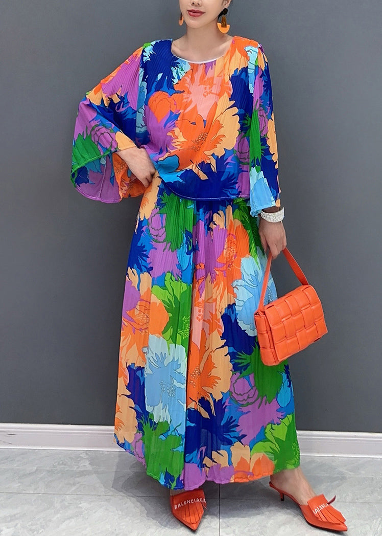 Organic Rainbow O-neck Print Top and Wide Leg Pants Two Piece Suit Set Fall