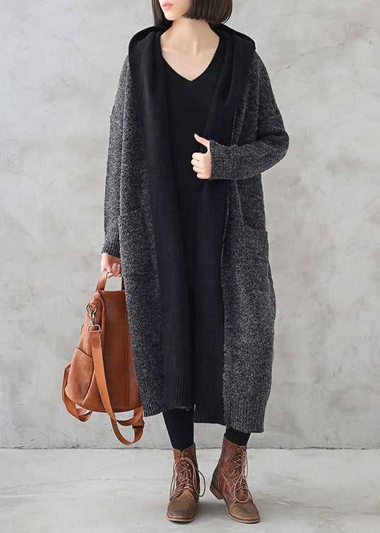 Dark Grey Wool Patchwork Knit Hooded Maxi Trench Coats Fall
