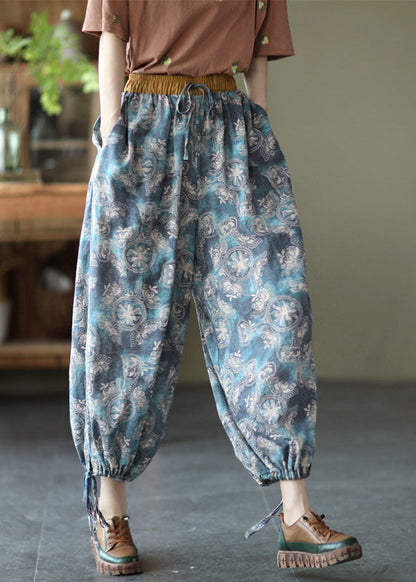Blue Elastic Waist Pockets Linen Beam Pants Summer