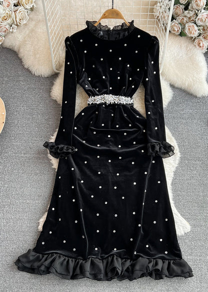 Black Ruffled Stand Collar Patchwork Zircon Flattering Silk Velour Long Dresses Winter