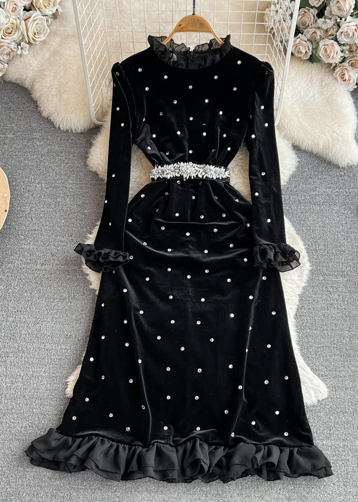 Black Ruffled Stand Collar Patchwork Zircon Flattering Silk Velour Long Dresses Winter